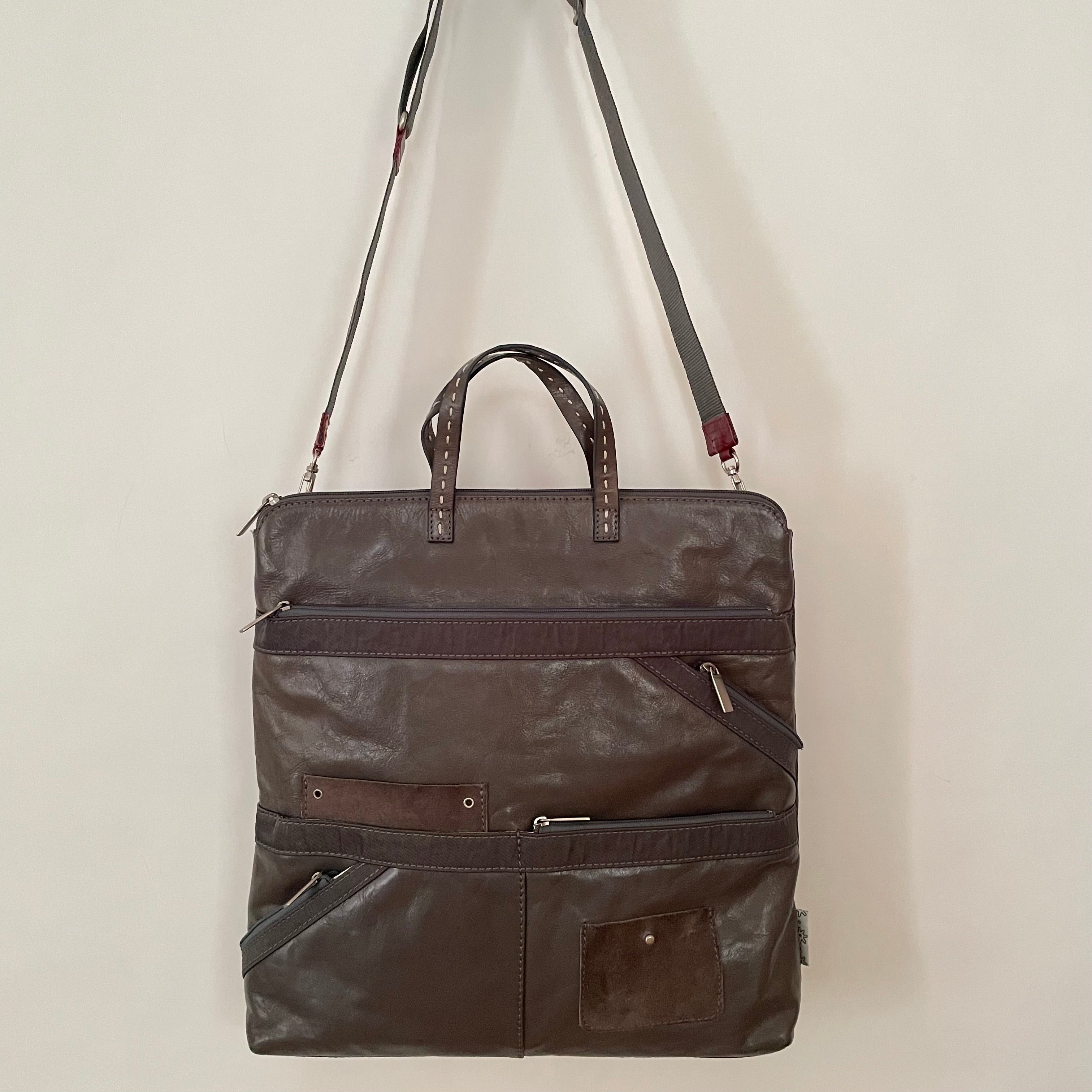 Premium Collection | Leather Shoulder Bag with Nylon Accents and Flower Embroidery and Detachable Adjustable Cross-Body Shoulder Strap | Grey